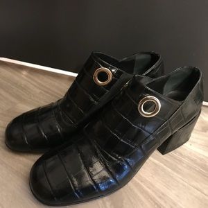 Tibi black leather animal print heel loafer